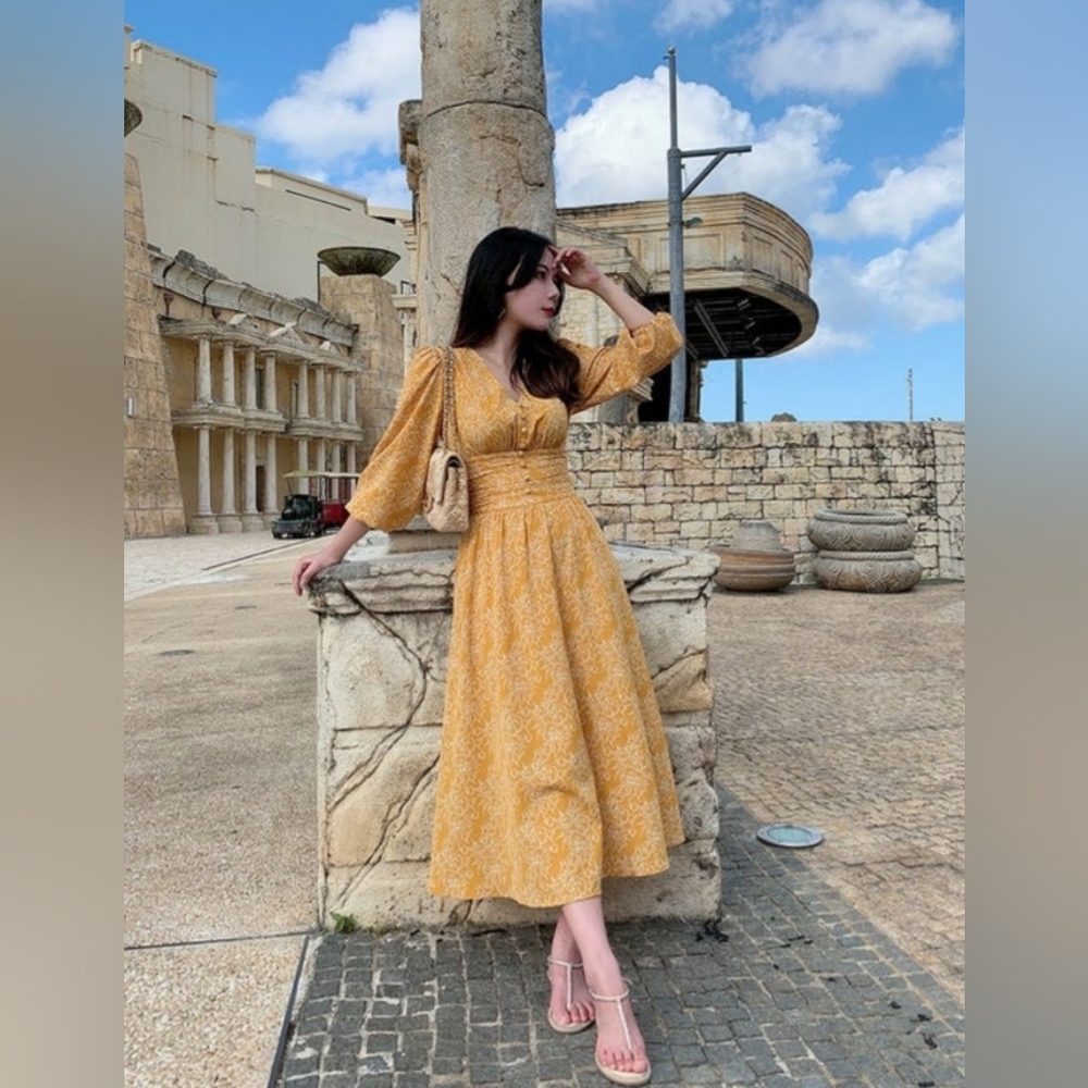 Simple French Style Dress. Summer Dress, Women's Dress. V Neck. High Waist Fitte